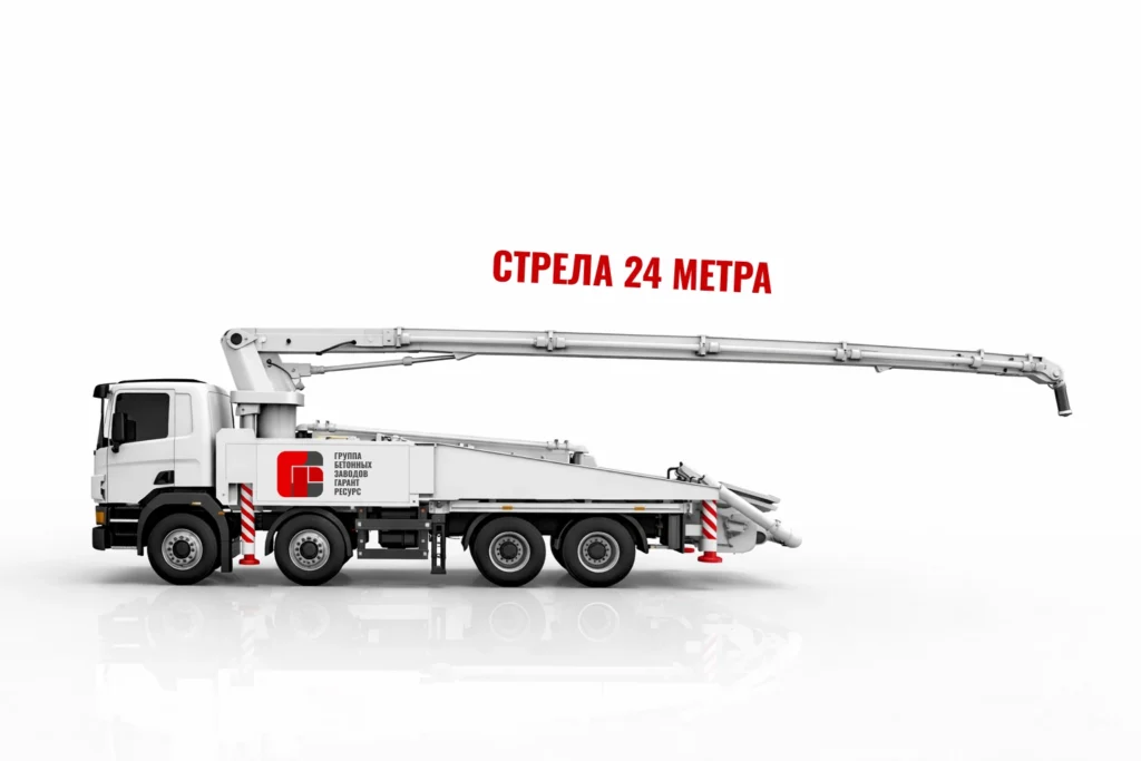 Автобетононасос со стрелой 24 м для подачи бетона на строительном объекте в Томилино